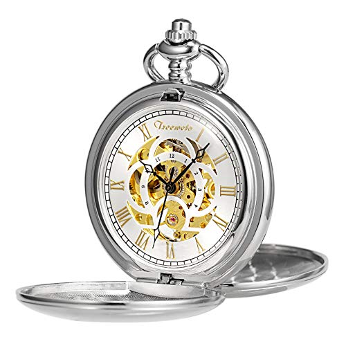 TREEWETO 機械式 懐中時計 アンティーク ゴールデンダイヤル スケルトン ローマ数字 シルバー ダブルハンター チェーン蓋付き